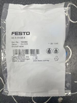 FESTO HE-3-14-QS-8 Shut-off Valve | 3/2 Bistable Manual Valve, 1/4 Thread, QS-8 Push-in Specs