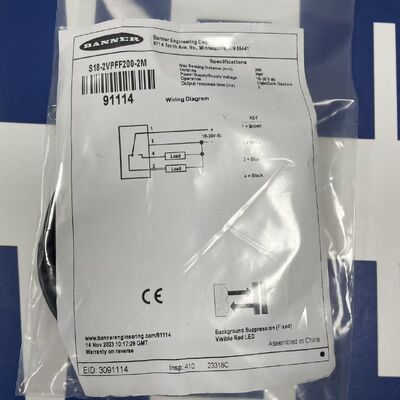 Banner S18-2VPFF200-2M Sensor | Background Suppression, 20-200mm, 2 PNP, M8, IP67, Laser